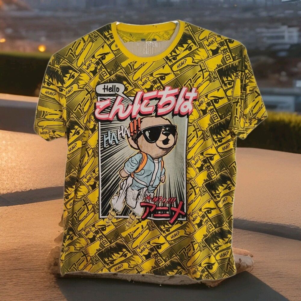 Hustle Bear Anime Comic t-shirt, men's 4XL,‎ yellow, all over print